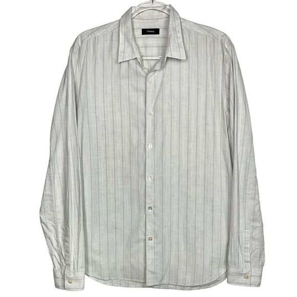 Theory White Gray Button Up Long Sleeve Shirt Large - Picture 1 of 6